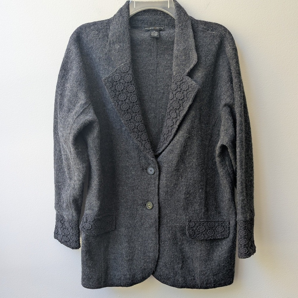 Vtg Blazer Jacket Charcoal Gray 100% Wool Crochet Lace Trim Sz XL *READ FLAW